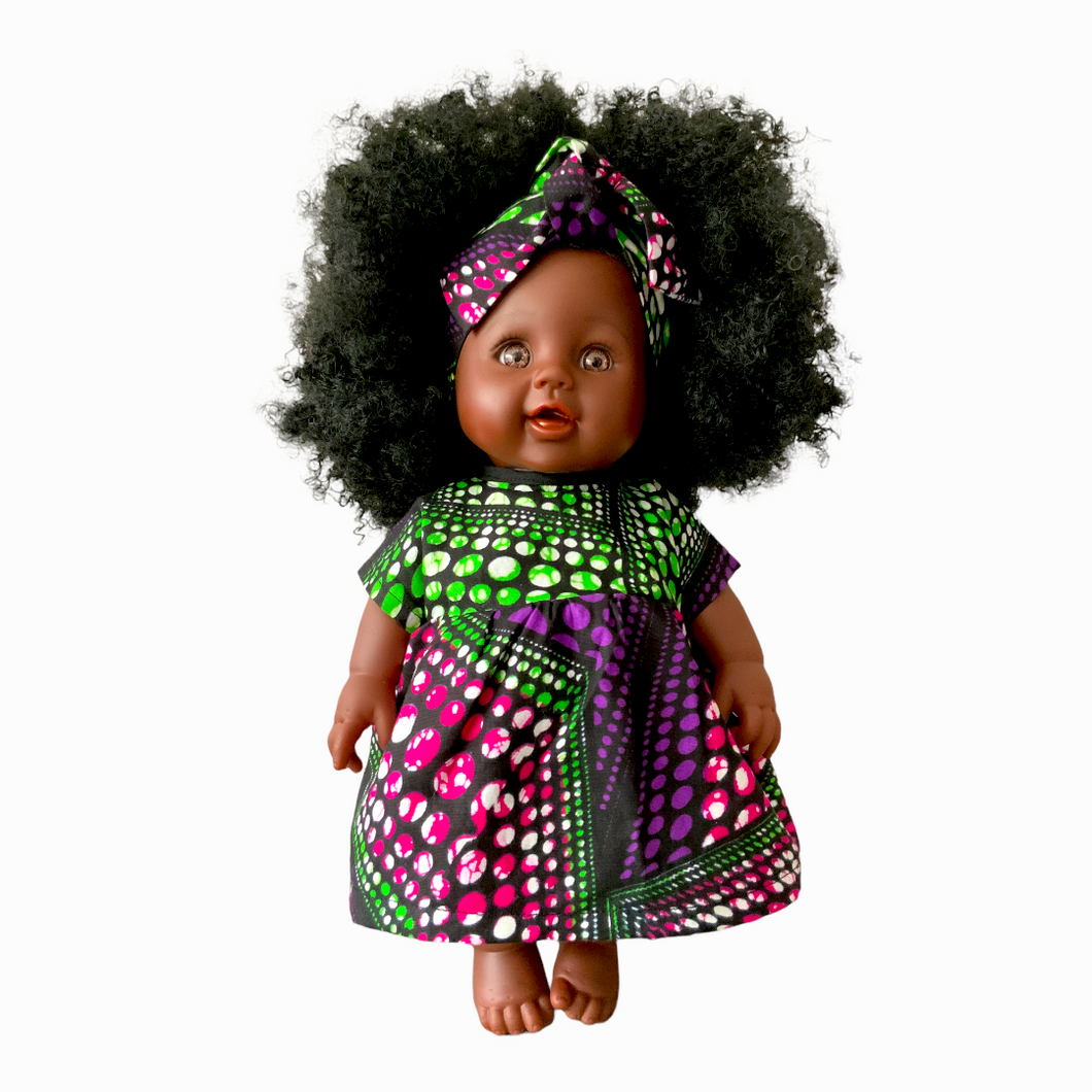 Nandi African 12 inch doll in dress - Green Purple